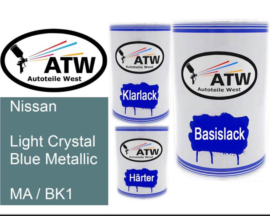 Nissan, Light Crystal Blue Metallic, MA / BK1: 500ml Lackdose + 500ml Klarlack + 250ml Härter - Set, von ATW Autoteile West.